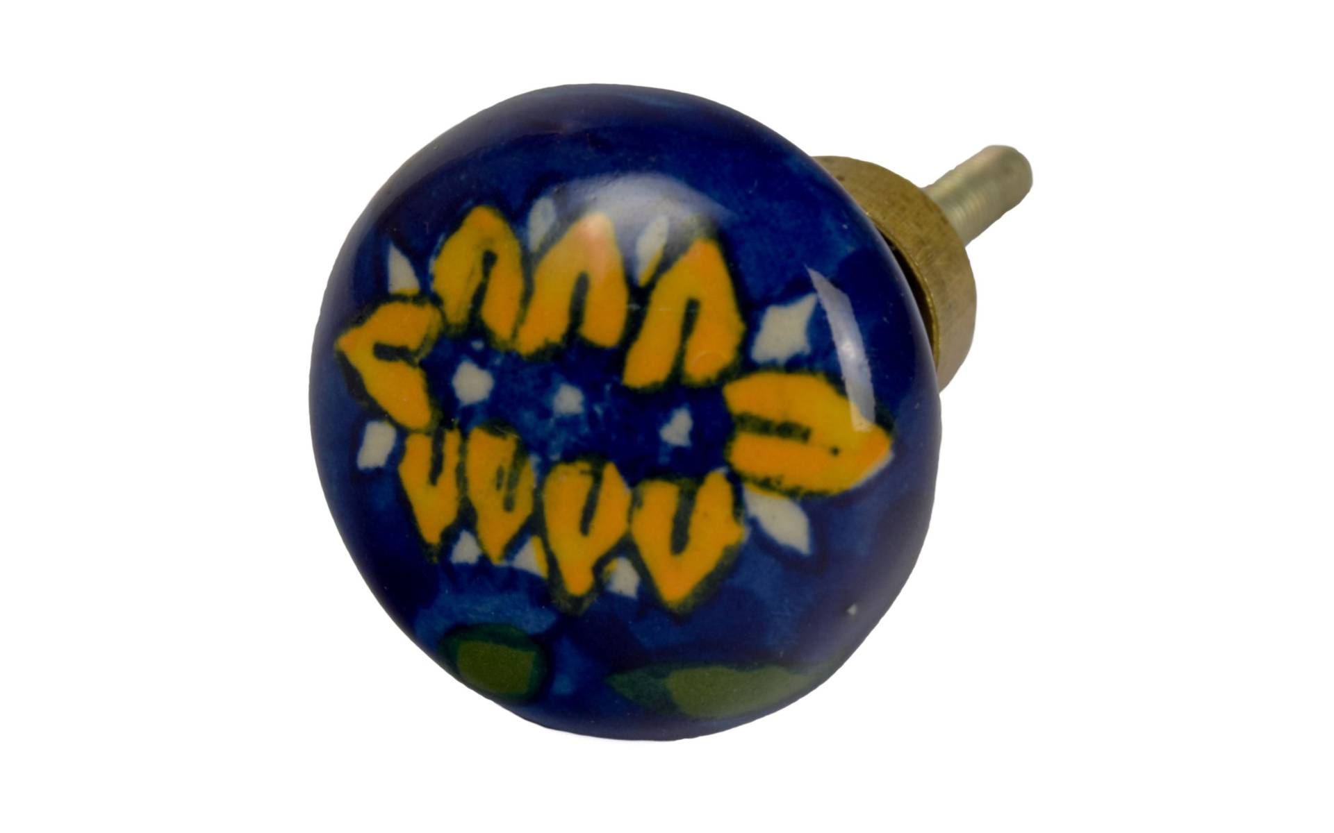 Maľovaná porcelánová úchytka na šuplík, modrá, veľká žltá kvetina, 3,7 cm