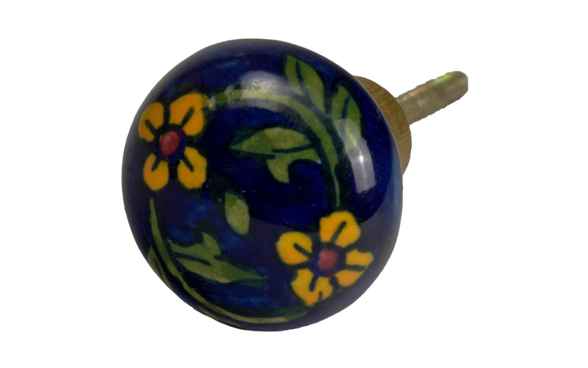 Maľovaná porcelánová úchytka na šuplík, modrá, žlté kvety, priemer 3,7 cm