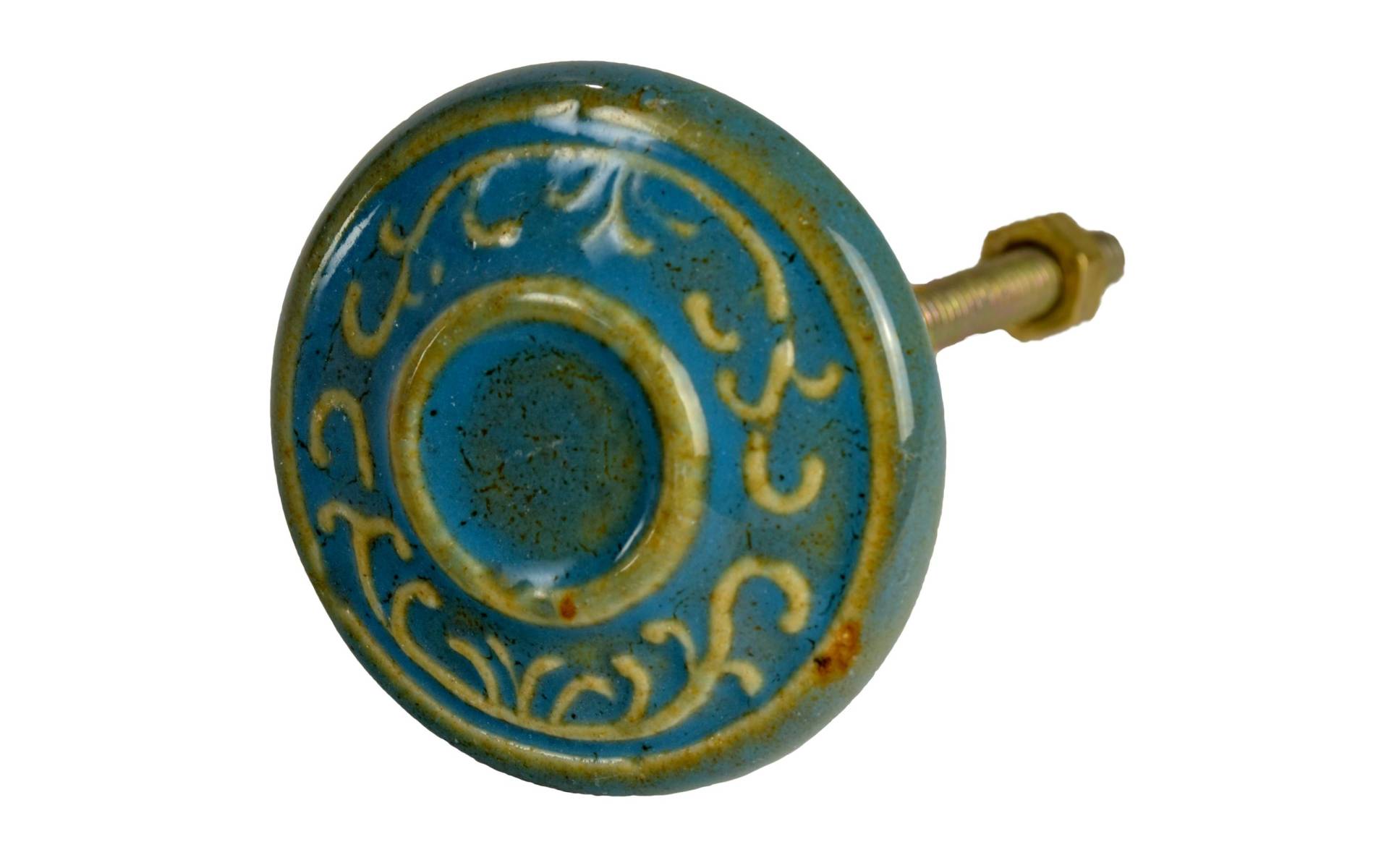 Maľovaná porcelánová úchytka na šuplík, modrá s dekorom, priemer 4,3 cm