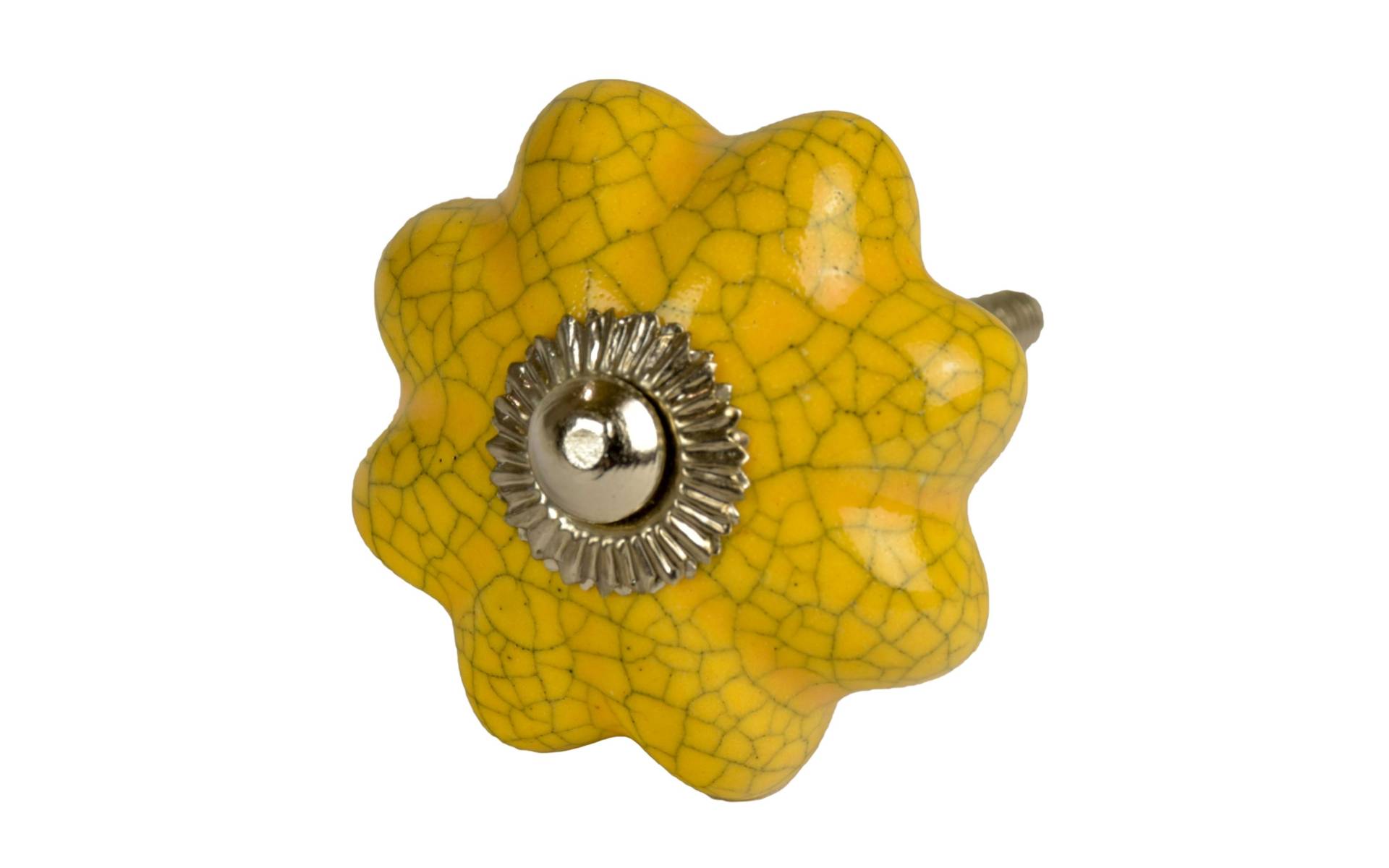 Maľovaná porcelánová úchytka na šuplík, žltá, tvar kvetu, popraskaný efekt, 4cm