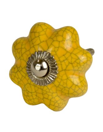 Maľovaná porcelánová úchytka na šuplík, žltá, tvar kvetu, popraskaný efekt, 4cm