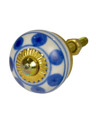 Maľovaná porcelánová úchytka na šuplík, biela s modrými bodkami a prúžkami, 3cm