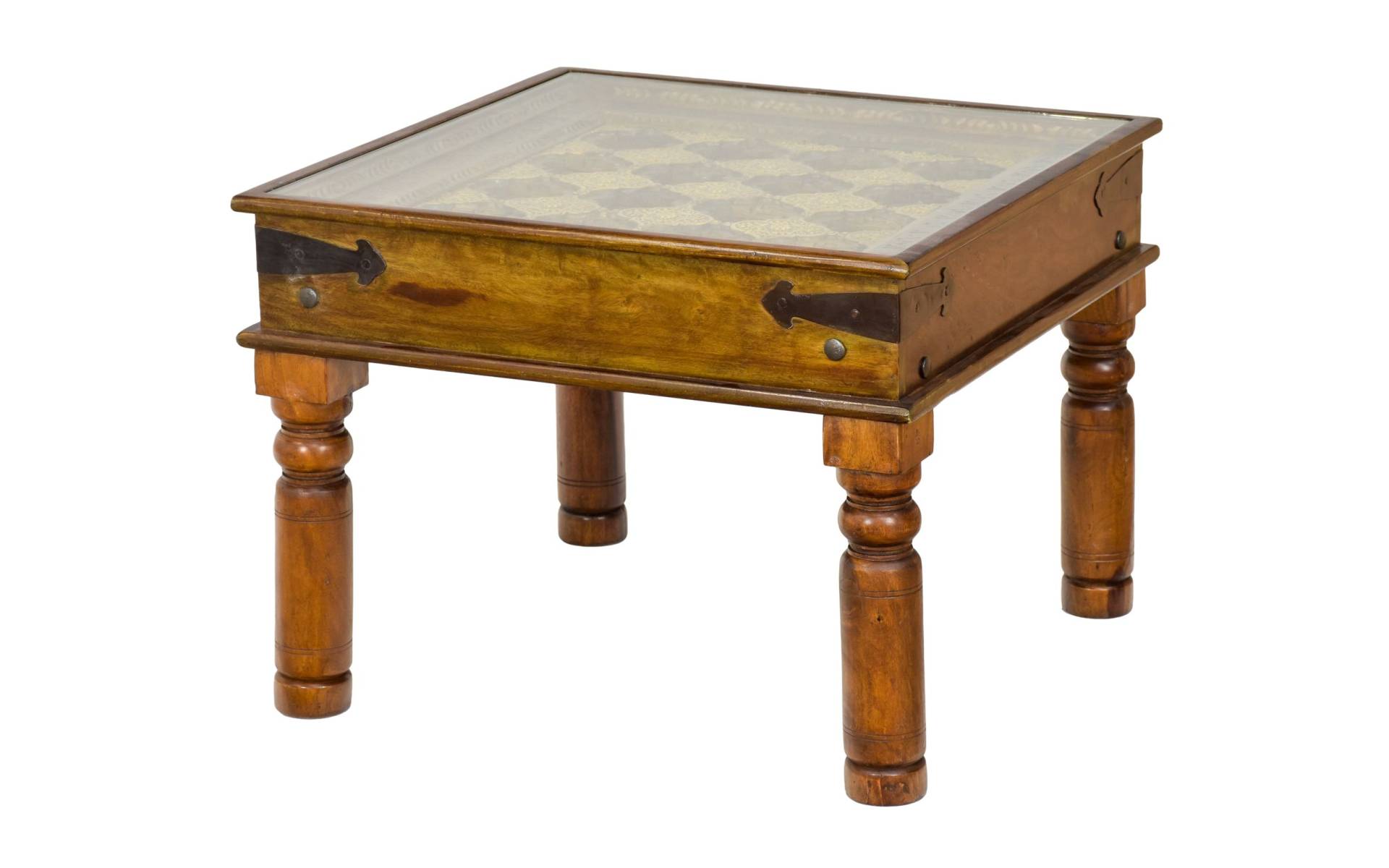 Konferenčný stolík z palisandrového dreva zdobený mosadzou, so sklom, 65x65x50cm