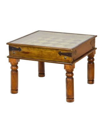 Konferenčný stolík z palisandrového dreva zdobený mosadzou, so sklom, 65x65x50cm