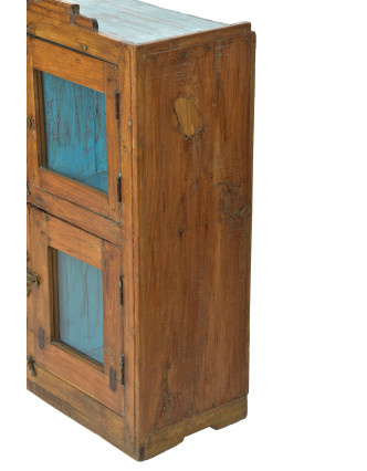 Presklená skrinka z teakového dreva, tyrkysová vnútri, 74x30x91cm