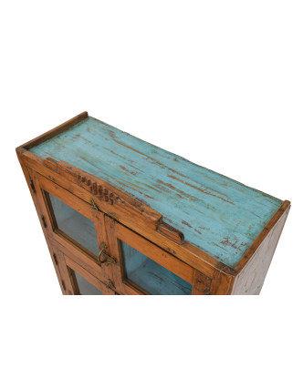 Presklená skrinka z teakového dreva, tyrkysová vnútri, 74x30x91cm
