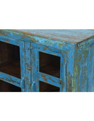 Presklená skrinka z teakového dreva, tyrkysová patina, 93x41x86cm
