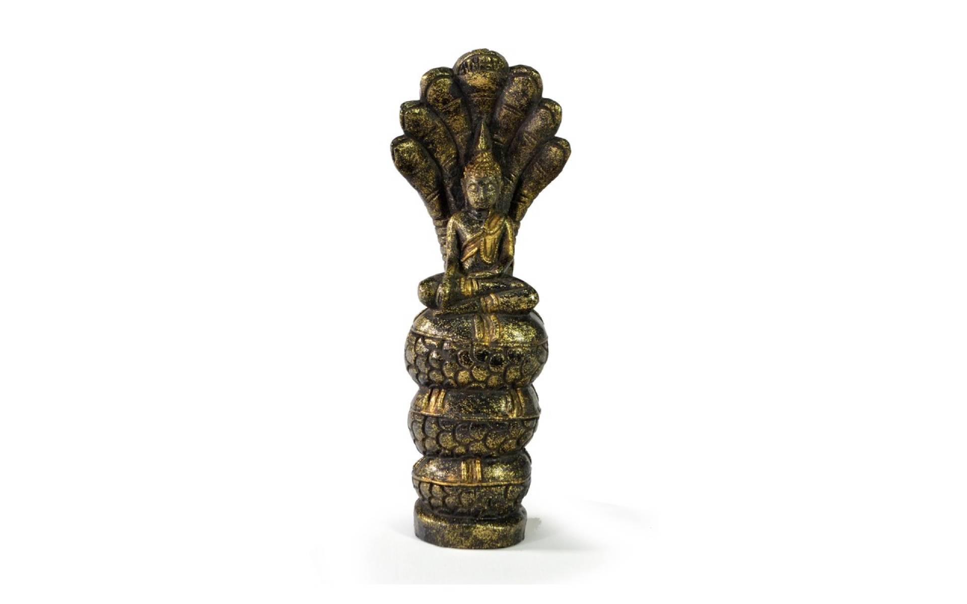 Narodeninový Budha, sobota, teak, čierno-zlatá patina, 26cm