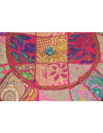 Taburet, Rajasthan, patchwork, Ari bohatá výšivka, ružový podklad, 54x54x30cm