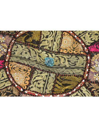 Taburet, Rajasthan, patchwork, Ari bohatá výšivka, čierny podklad, 56x56x33cm