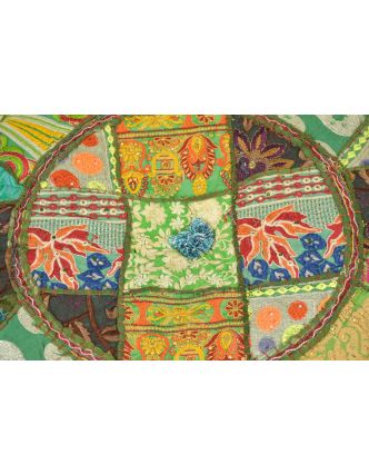 Taburet, Rajasthan, patchwork, Ari bohatá výšivka, zelený podklad, 56x56x32cm