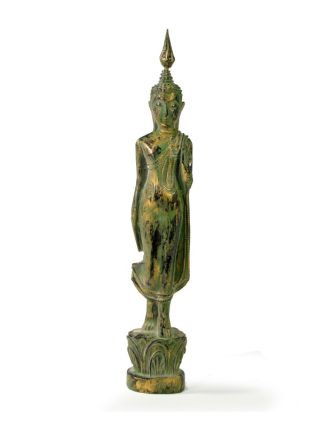 Narodeninový Budha, pondelok, teak, zelená patina, 26cm