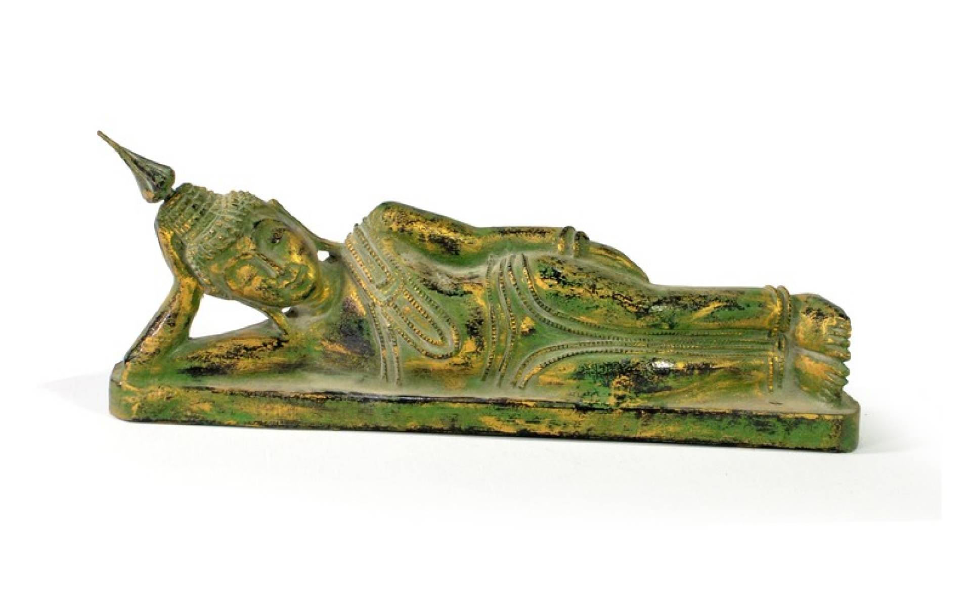 Narodeninový Budha, utorok, teak, zelená patina, 26cm