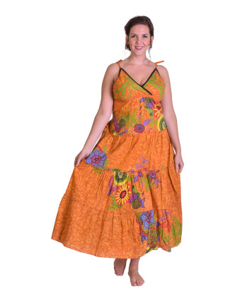 Dlhé oranžové šaty "Flower design", zaväzovanie za krk