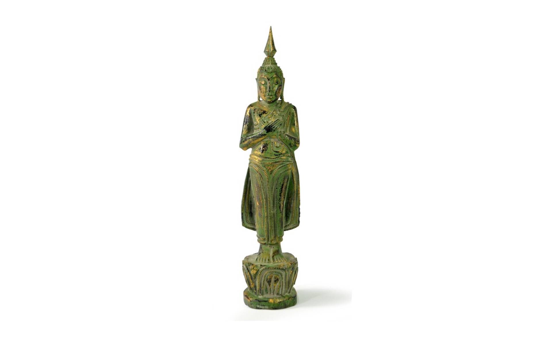 Narodeninový Budha, piatok, teak, zelená patina, 26cm