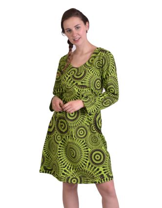 Krátke šaty s dlhým rukávom, zelenej, potlač Mandal