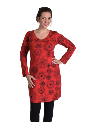 Krátke šaty s dlhým rukávom, červené, drobný potlač, okrúhly výstrih