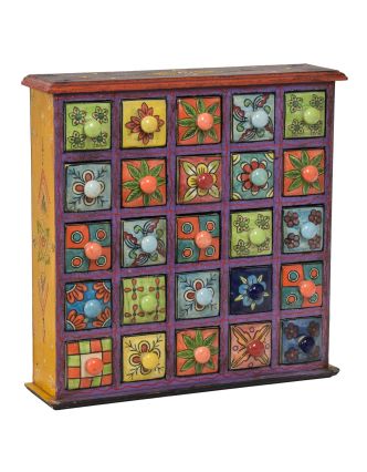 Drevená skrinka s 25 keramickými šuplíkmi, ručne maľovaná, 38x9x39cm