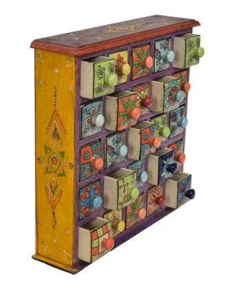 Drevená skrinka s 25 keramickými šuplíkmi, ručne maľovaná, 38x9x39cm