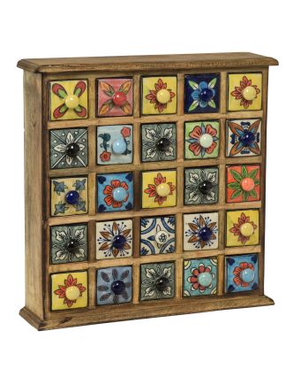 Drevená skrinka s 25 keramickými šuplíkmi, ručne maľovaná, 38x9x38cm