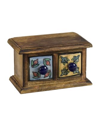 Drevená skrinka 17x9x10cm s 2 keramickými šuplíky, ručne maľované