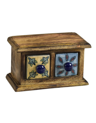 Drevená skrinka s 2 ručne maľovanými keramickými šuplíky, 17x9x10cm