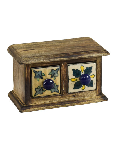 Drevená skrinka s 2 farebnými keramickými šuplíky, ručne maľované, 17x9x10cm