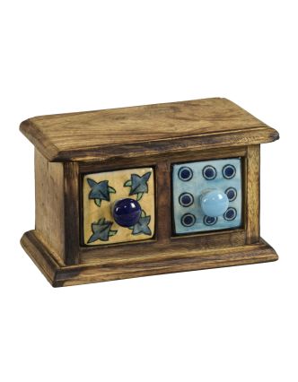 Drevená skrinka s 2 keramickými šuplíky, žltý a modrý, ručne maľované, 17x9x10cm