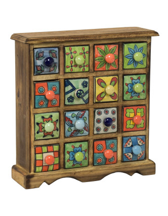 Drevená skrinka s 16 keramickými šuplíky, ručne maľované, 31x10x32cm