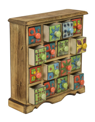 Drevená skrinka s 16 ručne maľovanými keramickými šuplíkmi, 31x10x32cm