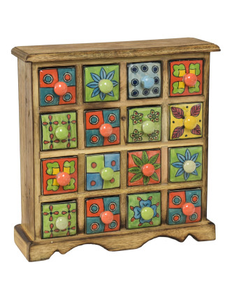 Drevená skrinka s 16 ručne maľovanými keramickými šuplíkmi, 31x10x32cm