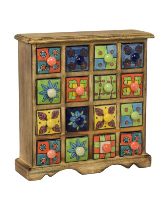 Drevená skřínečka s 16 keramickými šuplíky, ručne maľované, 31x10x32cm