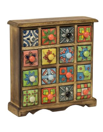 Drevená skrinka s 16 keramickými šuplíky, maľované ručne, 31x10x32cm