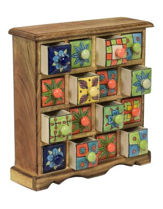 Drevená skrinka s 16 farebnými keramickými šuplíkmi, ručne maľované, 31x10x32cm