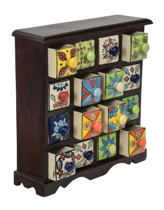 Drevená skrinka s 16 keramickými šuplíkmi, ručne maľované, tmavé drevo, 31x10x32cm