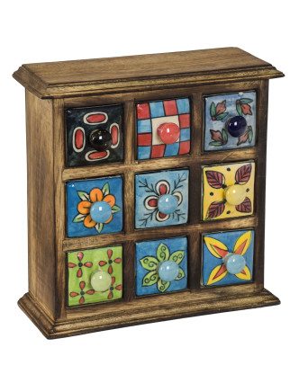 Drevená skrinka s 9 keramickými šuplíky, ručne maľované, 24x10x24cm