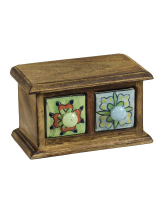Drevená skrinka s 2 keramickými šuplíky, ručne maľované, 17x9x9,5cm