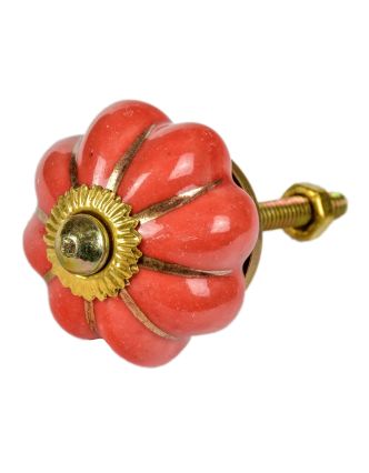 Maľovaná porcelánová úchytka na šuplík, červená, tvar kvetu, zlaté lúče 3,8cm