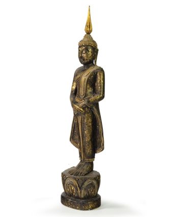 Narodeninový Budha, nedeľa, teak, čierno - zlatá patina, 35cm