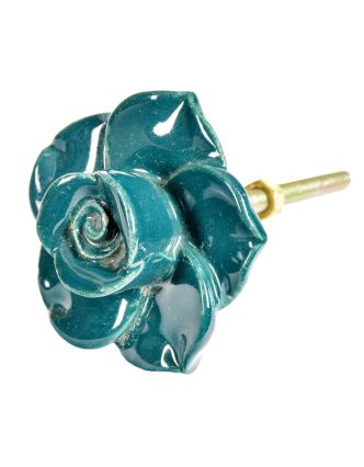 Maľovaná porcelánová úchytka na šuplík, ruža, smaragdovo zelená, 5x4,6cm
