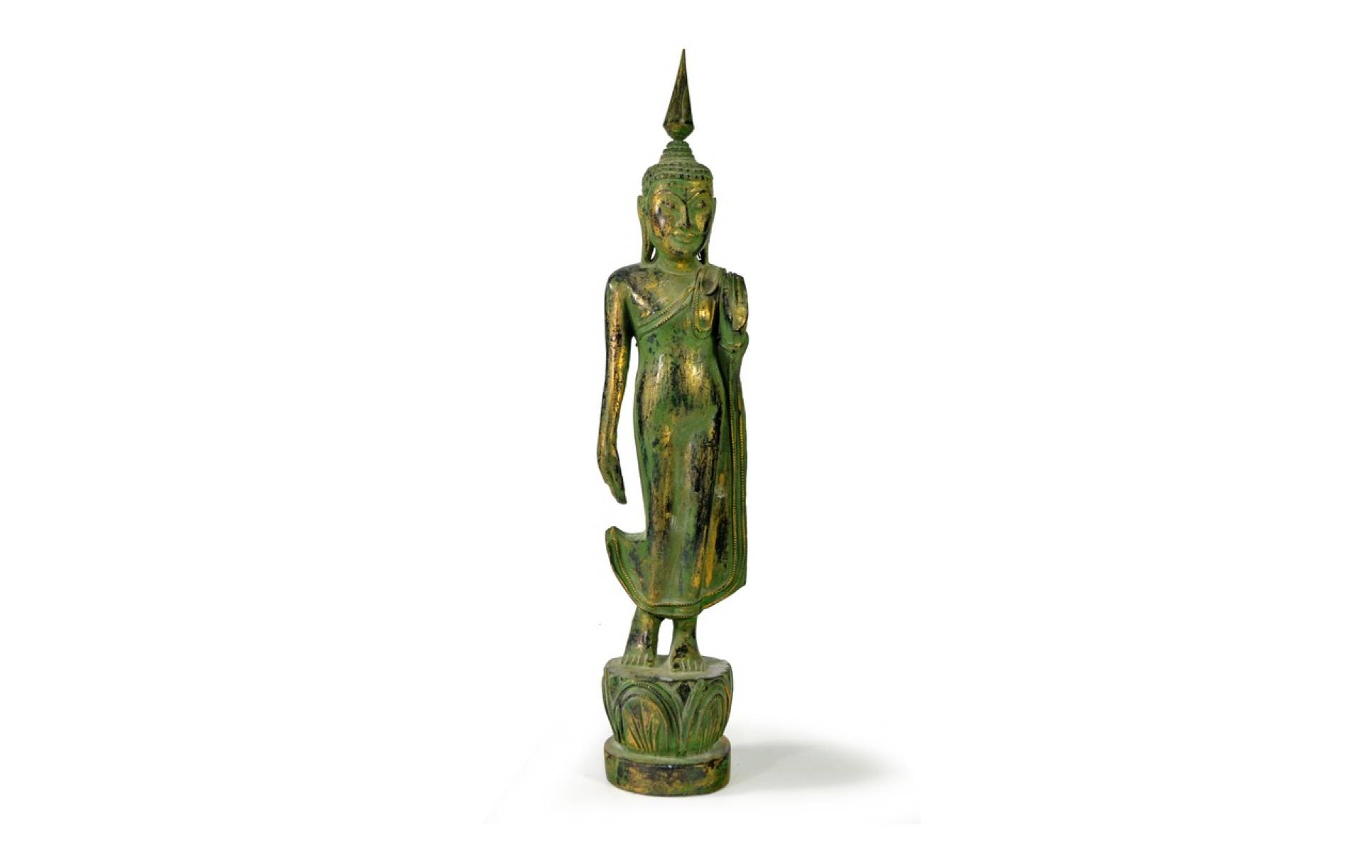Narodeninový Budha, pondelok, teak, zelená patina, 35cm