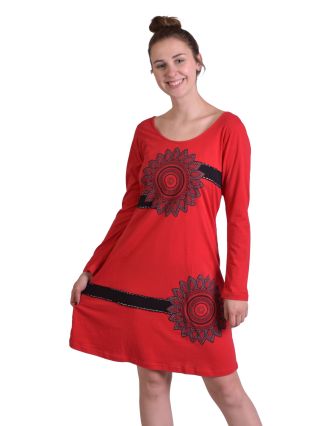Krátke šaty s dlhým rukávom, červené, potlač Mandal