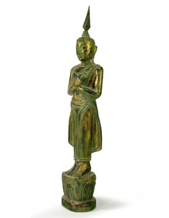 Narodeninový Budha, piatok, teak, zelená patina, 35cm