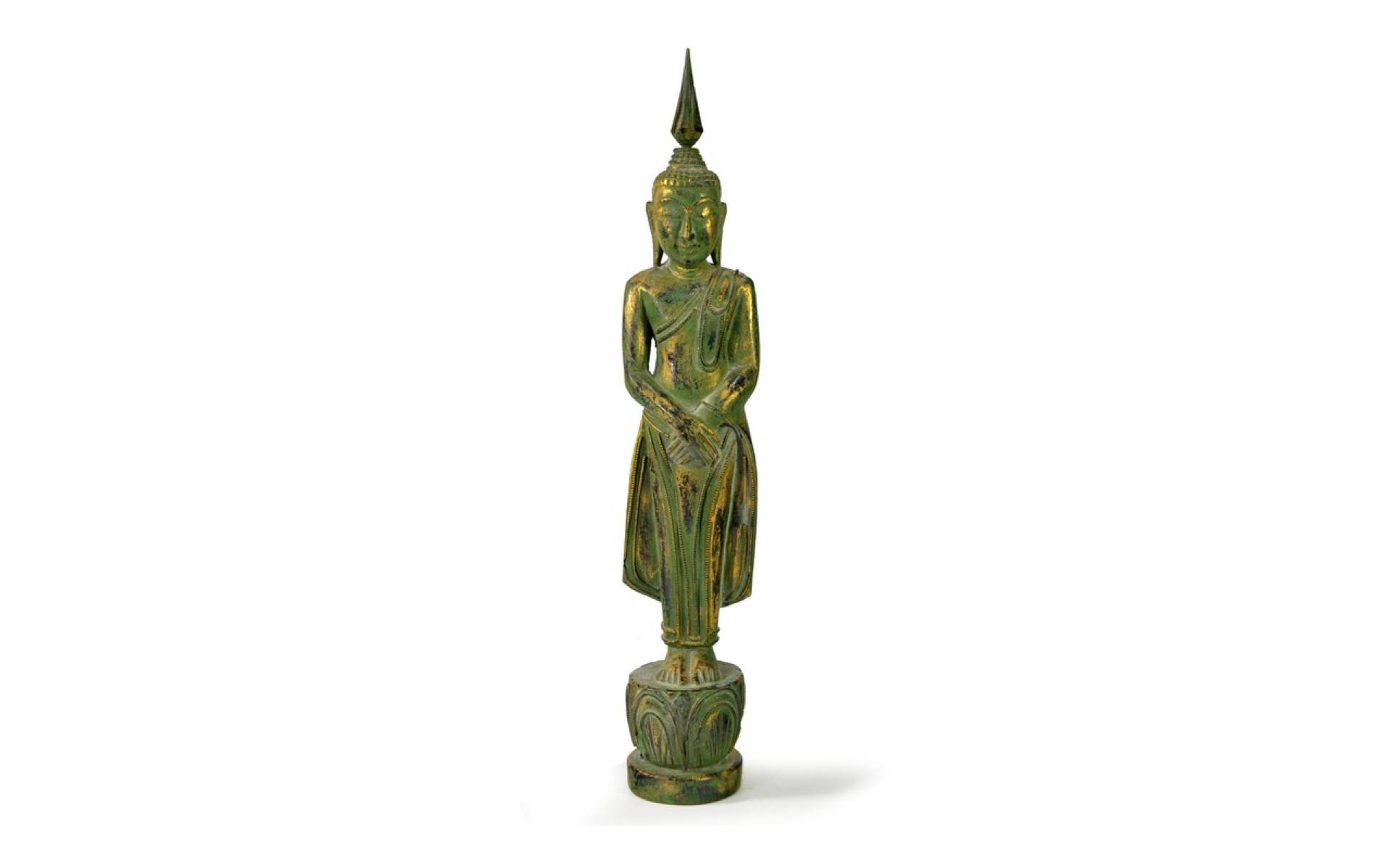 Narodeninový Budha, nedeľa, teak, zelená patina, 35cm