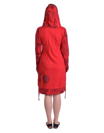 Krátke šaty s kapucňou, červenej, dlhý rukáv, potlač mandál