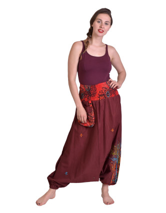 Vínovej turecké nohavice, "Tree design", farebná výšivka, kapsička, bobbin