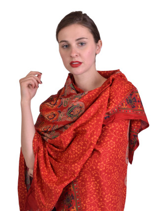Sárong s ručnou tlačou, červený "Floral design" 110x170cm