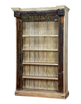 Knižnica z antik teakového dreva, zdobená rezbami, biela, 125x52x207cm