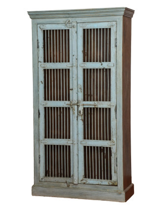 Starožitná skříň z teakového dřeva, kovové mříže bez skla, 100x40x183cm