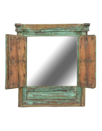 Staré teakové okno se zrcadlem, zelené, 44x17x51cm